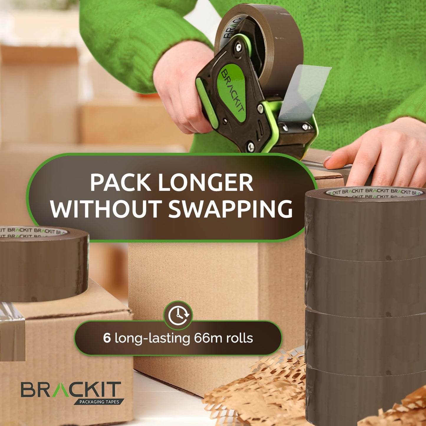 brackit Packing Tape with Dispenser, Brown 48mm x 66m, Pack of 6 Rolls – Strong Heavy Duty Packing Tape for Regular Use or Moving – Easily Seals Your Parcels and Boxes - Packaging Tape Dispenser