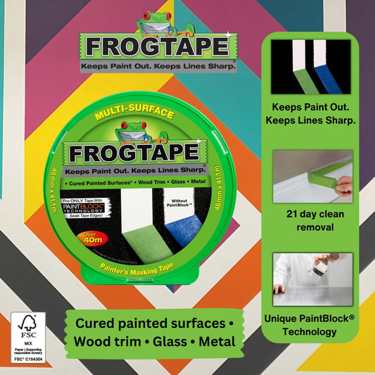 Frog Tape Green Multi Surface Painters Masking Tape 48mm x 41.1m. Indoor painting and decorating for sharp lines and no paint bleed